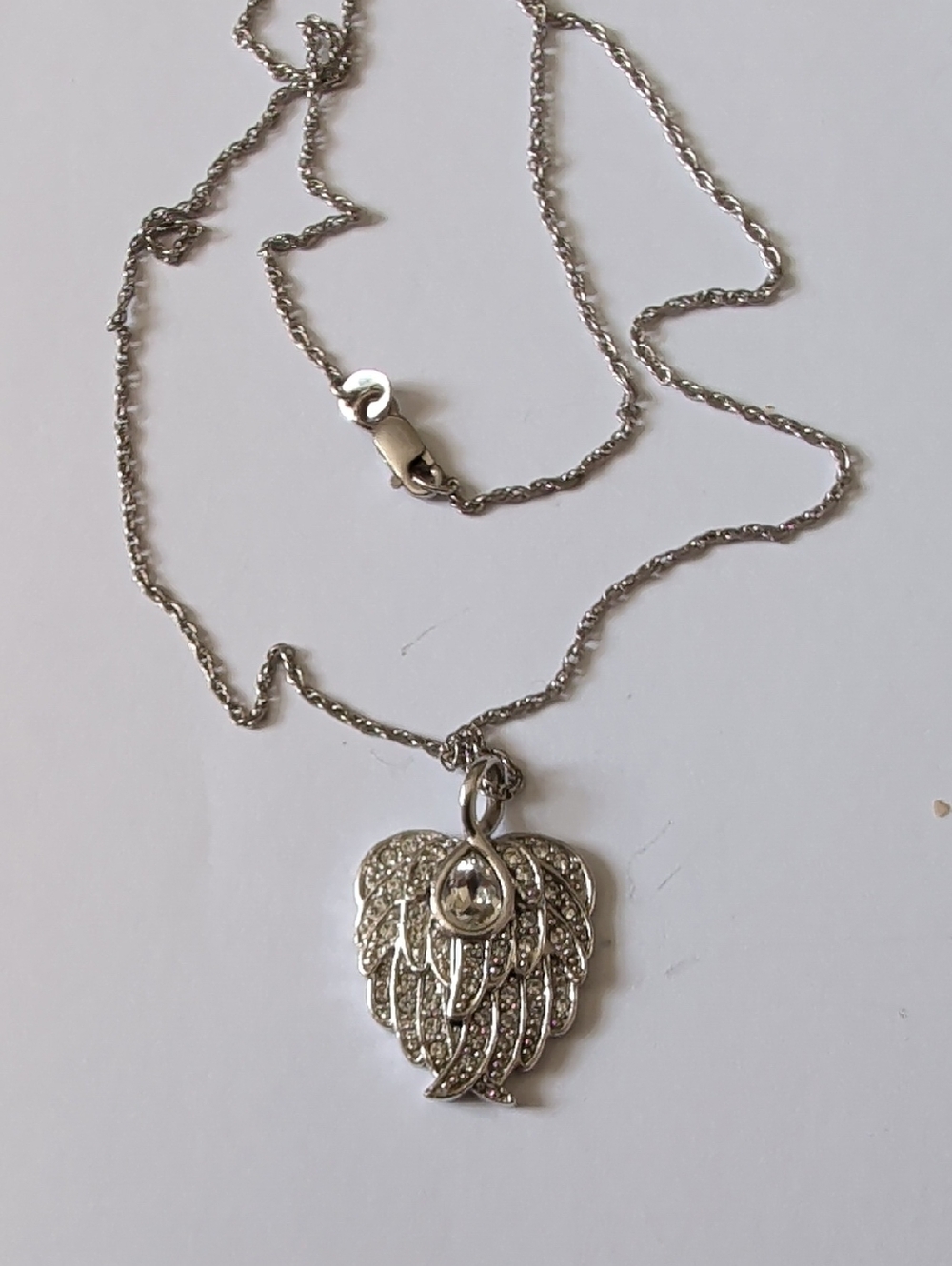 Sterling Silver Angel Wing Pendant Necklace with Clear Crystal Accent